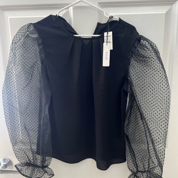 Express Tops - Express Black Top with Sheer Polka Dot Sleeves